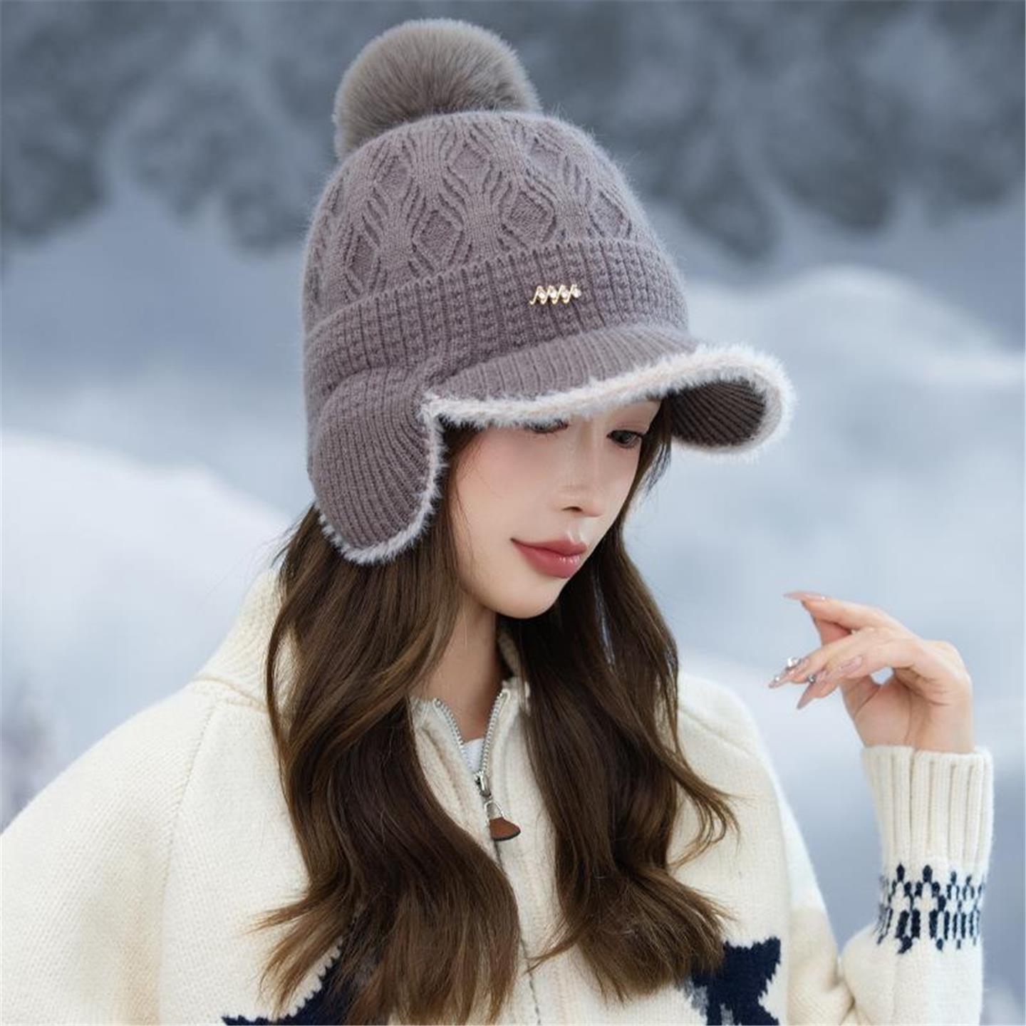 日系大头围毛球针织帽冬季子