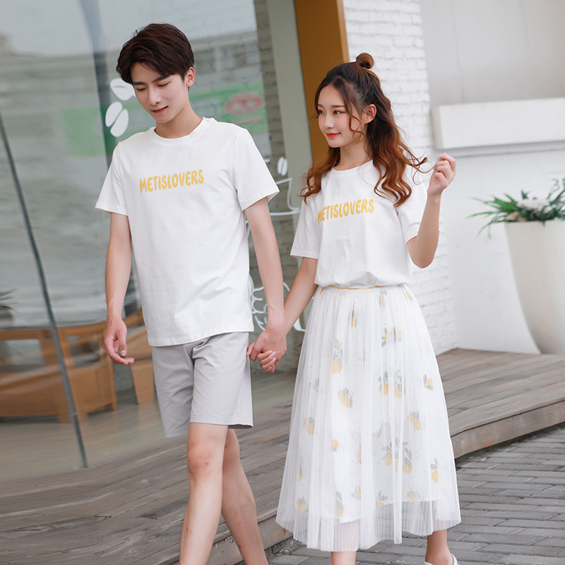 网纱情侣装两件套套装2018新款夏季短袖情侣连衣裙不一样的男女款
