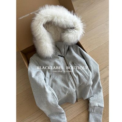 原毛领～RA 25秋冬新款 连帽毛领斜襟毛绒内胆棉服外套卫衣