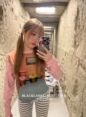 blacklabel 26春夏新款 粉丝波点印花拼接长袖T恤 上衣 小版型