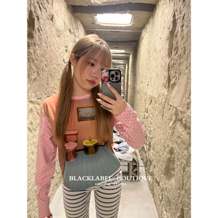 blacklabel 26春夏新款 粉丝波点印花拼接长袖T恤 上衣 小版型