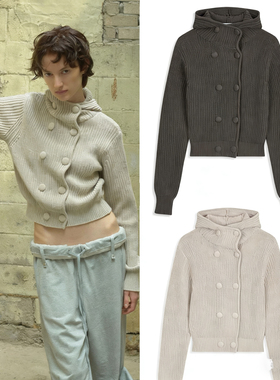 blacklabel 26早春新款 简约百搭双排扣连帽长袖针织开衫女