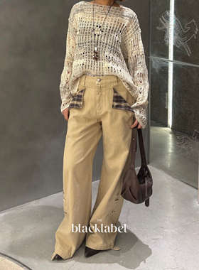 【孙千同款】blacklabel 26早春新款格纹拼接 直筒牛仔裤 阔腿裤