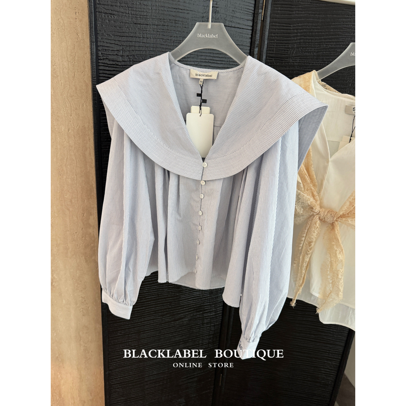 yigenanaya娜娜同款blacklabel26早秋新款娃娃领大翻领条纹衬衫女
