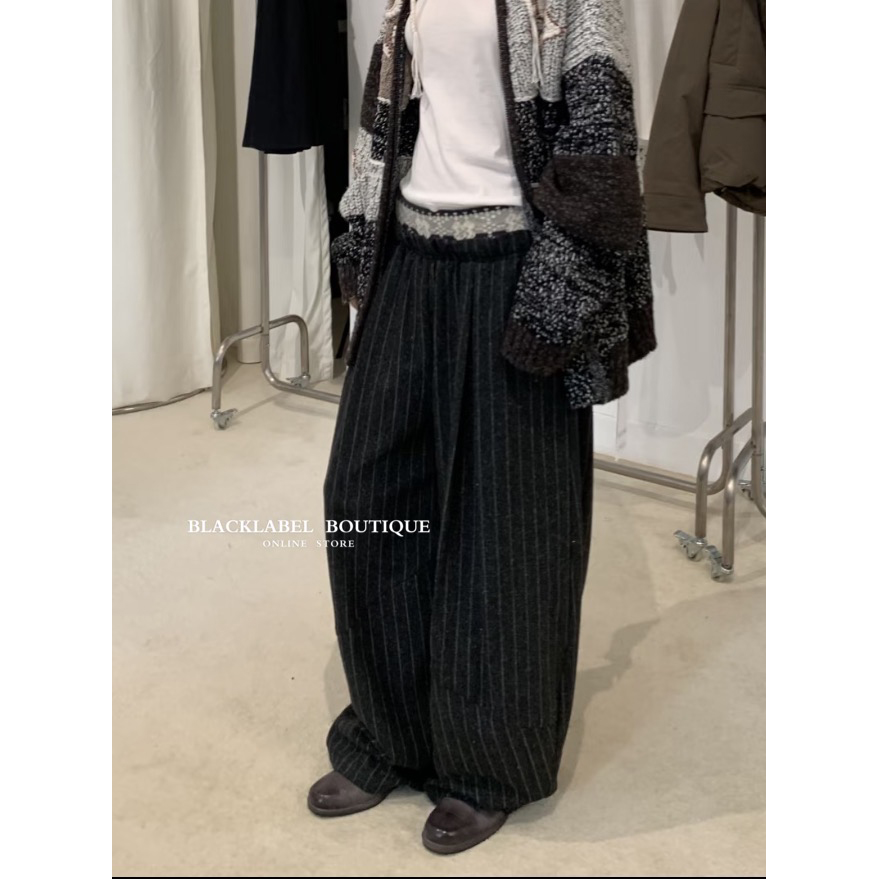 25秋冬新款 费尔岛针织腰头立体裁剪垂坠休闲条纹西裤长裤