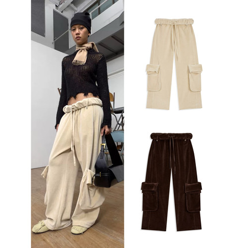 进口面料 25秋冬新款 TINA OPEN YY卷边翻腰丝绒工装裤 直筒裤 女