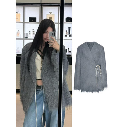 y版开发～Jennie同款DVN毛绒绒流苏皮草系带大衣外套上衣25秋冬