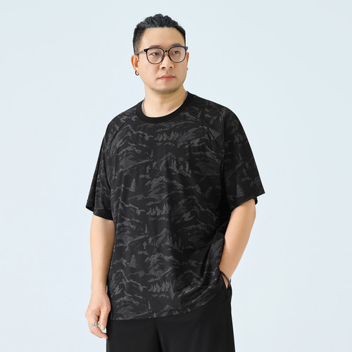 半墨大码男装冰丝迷彩短袖T恤男夏季宽松薄款透气速干短袖运动T恤