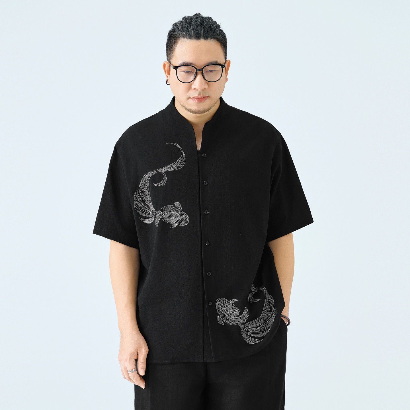 半墨大码男装新中式短袖衬衫男夏季新款宽松薄款锦鲤印花半袖衬衣