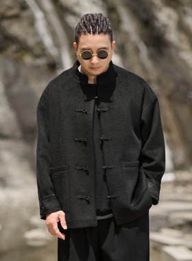 半墨大码男装新中式立领夹克男士秋季新款中国风盘扣呢感胖子外套