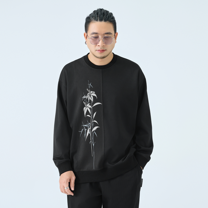 半墨新中式卫衣男春季新款中国风竹叶绣花宽松肌理感外套大码男装