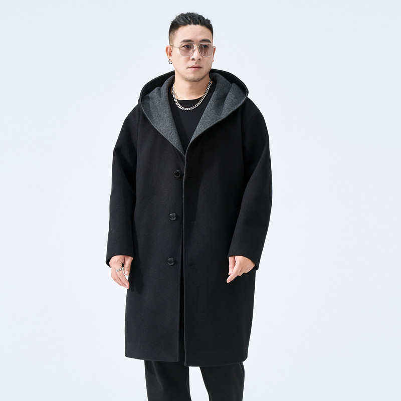 半墨中长款毛呢大衣男连帽宽松2023冬季新款撞色风衣外套大码男装