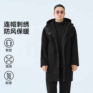 半墨毛呢大衣男冬季加厚复古刺绣风衣外套中长款连帽大衣大码男装