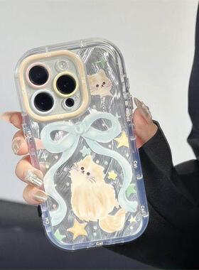萌无品牌\/系蝴蝶结猫咪适用p于 于苹果1 6romax手机保护壳iPhone15/14/13imd双层羽纱华为mate6070防摔荣耀4