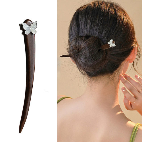 【冰蝶】双面蓝水晶蝴蝶发簪时尚百搭简约盘发大叶紫檀木簪子发饰