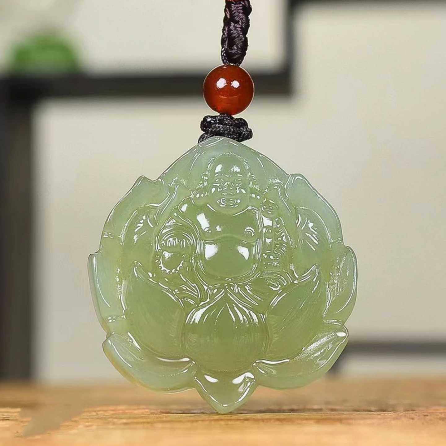 正品新疆和田玉莲花大肚佛吊坠