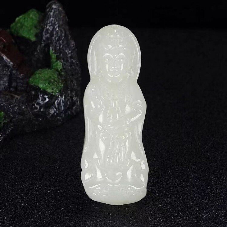 新疆和田玉白玉站立观音吊坠男款立体雕刻玉石观音菩萨挂件玉吊坠