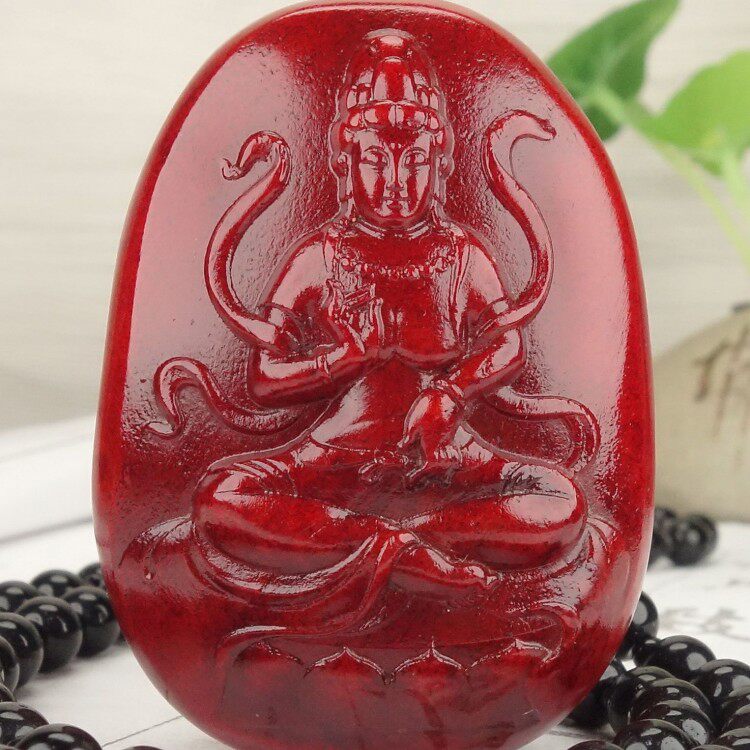 收藏品新疆和田玉观音吊坠羊脂玉红沁皮籽料观音菩萨挂件男款玉坠