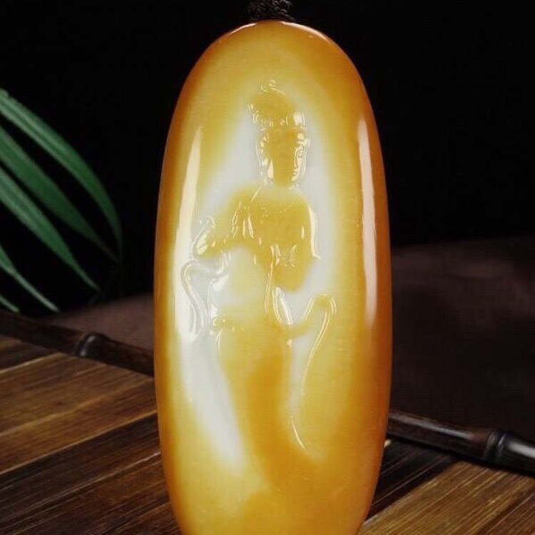 保真新疆和田玉观音吊坠洒金皮籽料原石站菩萨挂件男款玉吊坠包邮