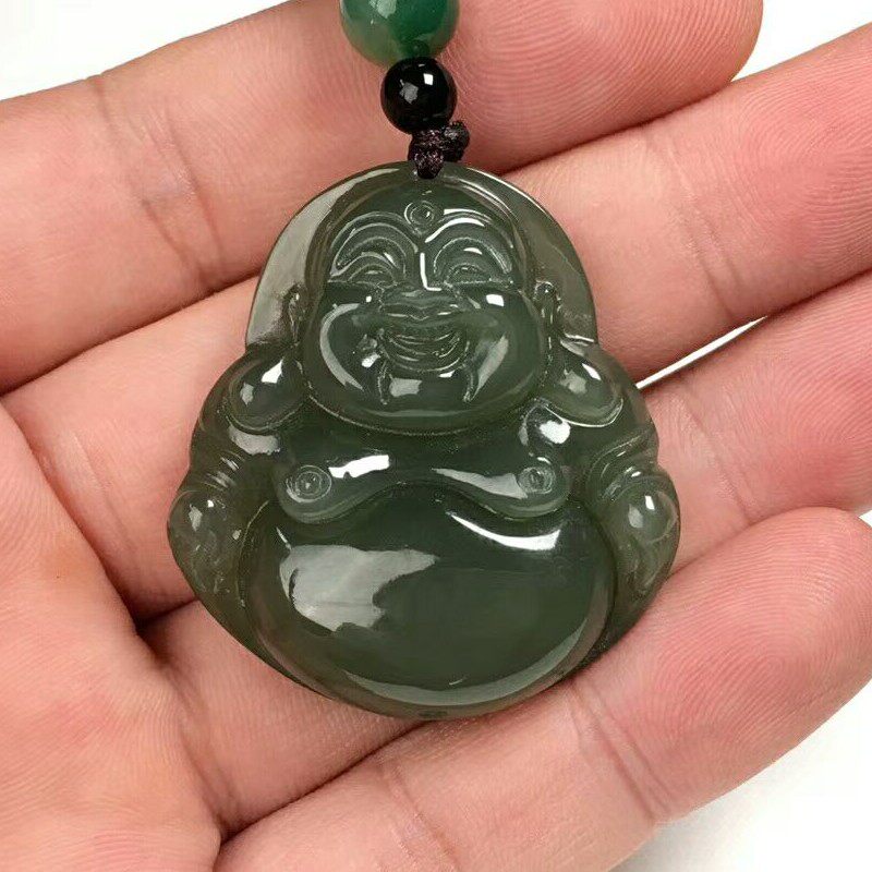 新疆和田玉青玉大肚佛吊坠女士佛公玉坠弥勒佛挂件玉牌毛衣链送证