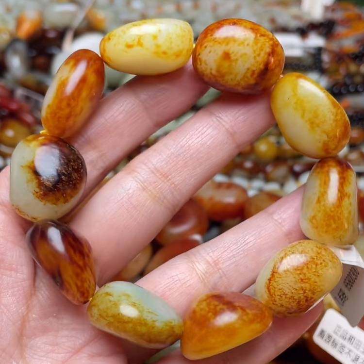 保真新疆和田玉手链羊脂级枣红皮原石籽料手串手链男款玉手链包邮