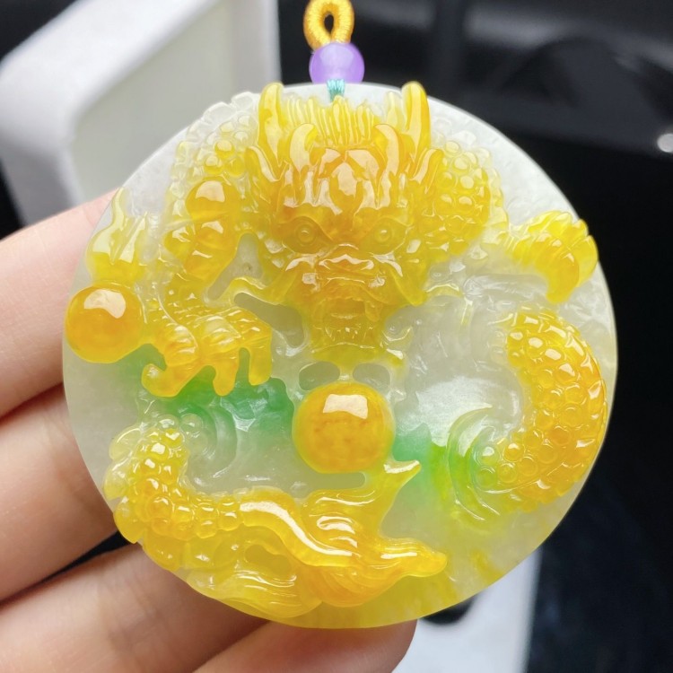 缅甸翡翠龙牌吊坠老坑冰糯种翡翠黄翡生肖龙挂件男女款高档项链坠