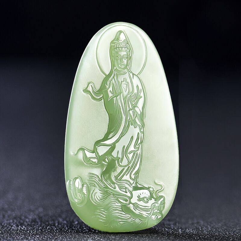 天然和田玉青玉御龙观音吊坠男款降龙观音玉佩大款玉石玉器玉吊坠