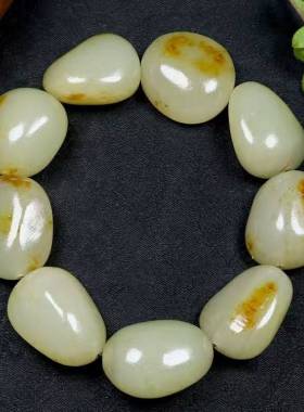 白玉带黄沁皮原石籽料手串手链