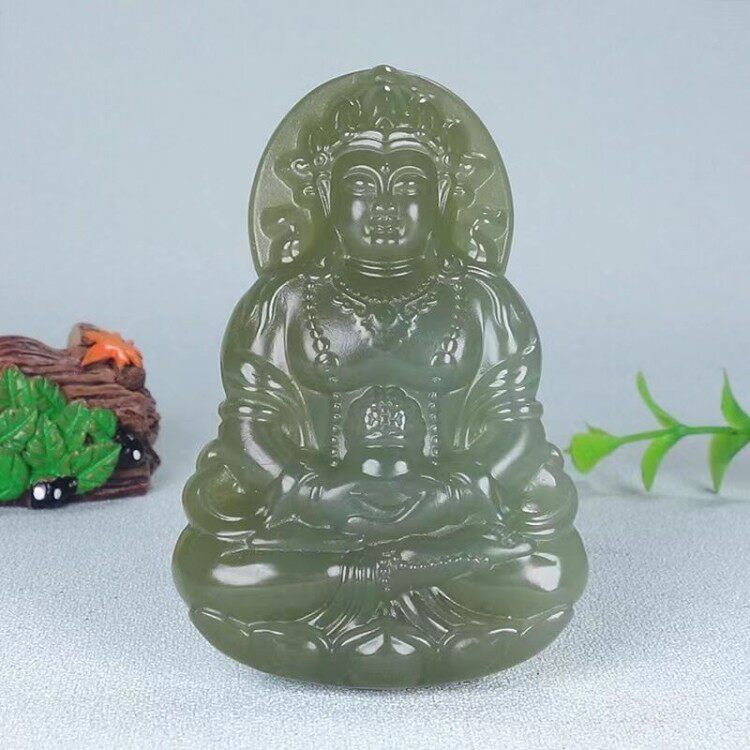 和田玉青玉湖水绿净瓶观音吊坠