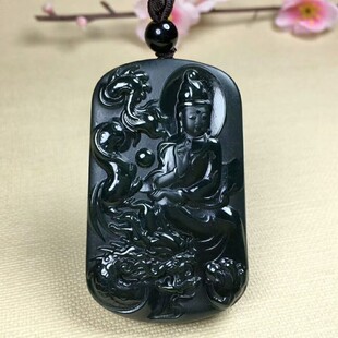 天然和田玉塔青降龙观音吊坠正品新疆一细料菩萨挂件玉佩玉牌墨玉