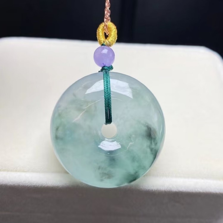 冰种飘蓝花翡翠处理平安扣挂件