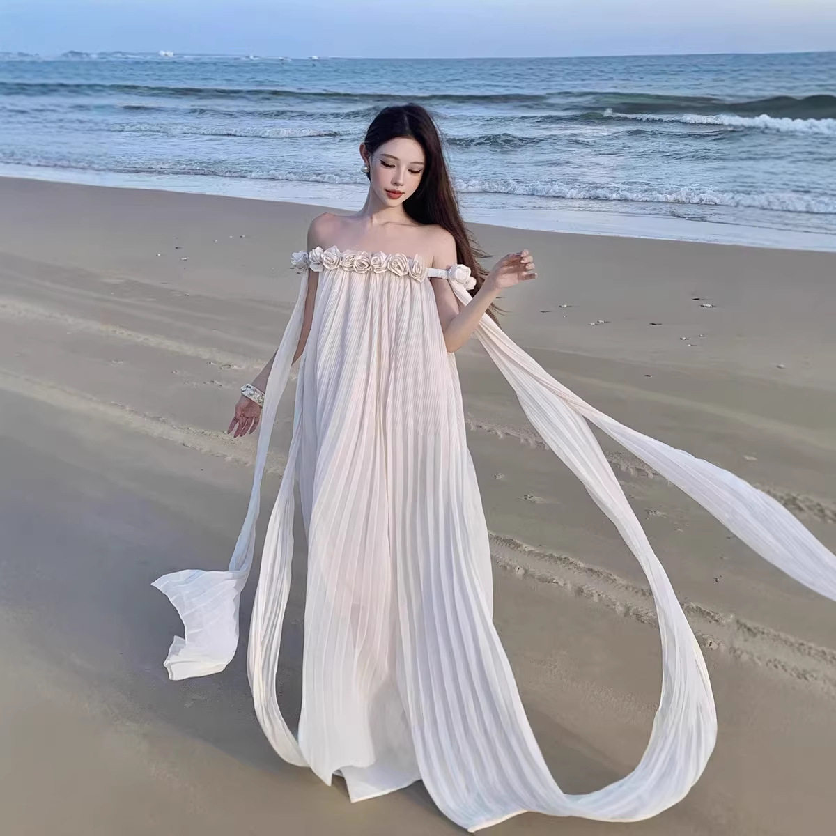 一字肩法式晨袍礼服裙重工飘带度假风拖地露肩长款裙子