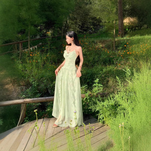 绿野仙踪可调节吊带连衣裙荷叶边褶皱仙女裙长裙含胸垫