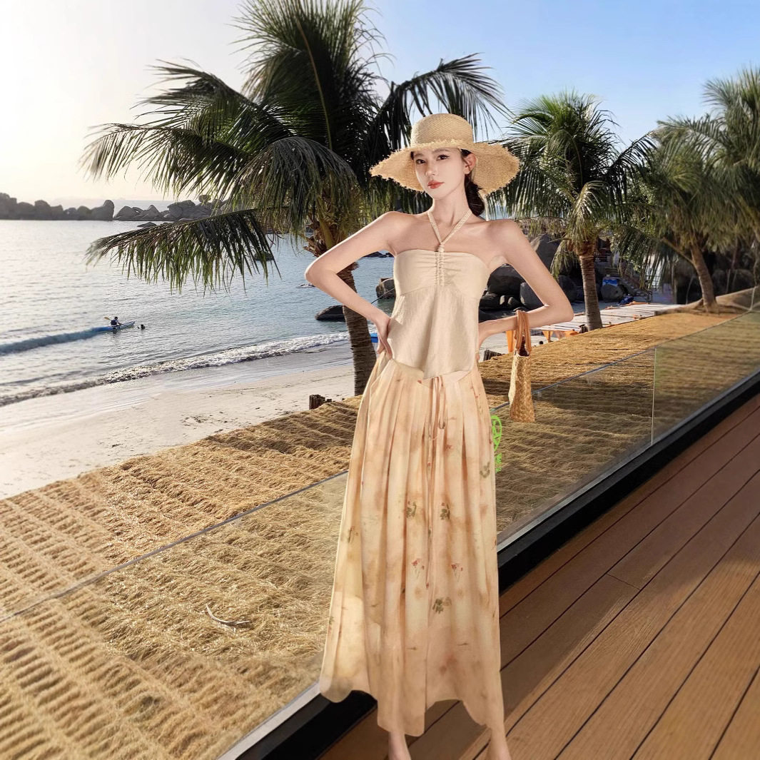 枯山水~水墨碎花垂感褶皱松紧腰阔腿裤+清冷感挂脖抹胸吊带套装