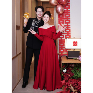 一字肩敬酒服冬装2025新款小个子新娘订婚结婚礼裙红色长袖回门服