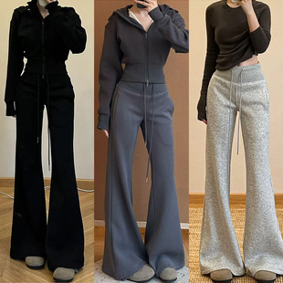 显瘦垂感加绒喇叭卫裤 黑色美式 高腰修身 女秋冬2025新款 微喇运动裤