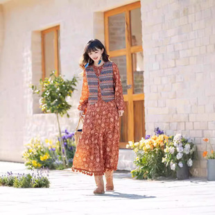 实拍波西米亚流苏连衣裙长袖防晒春夏长裙女复古民族风印花红裙