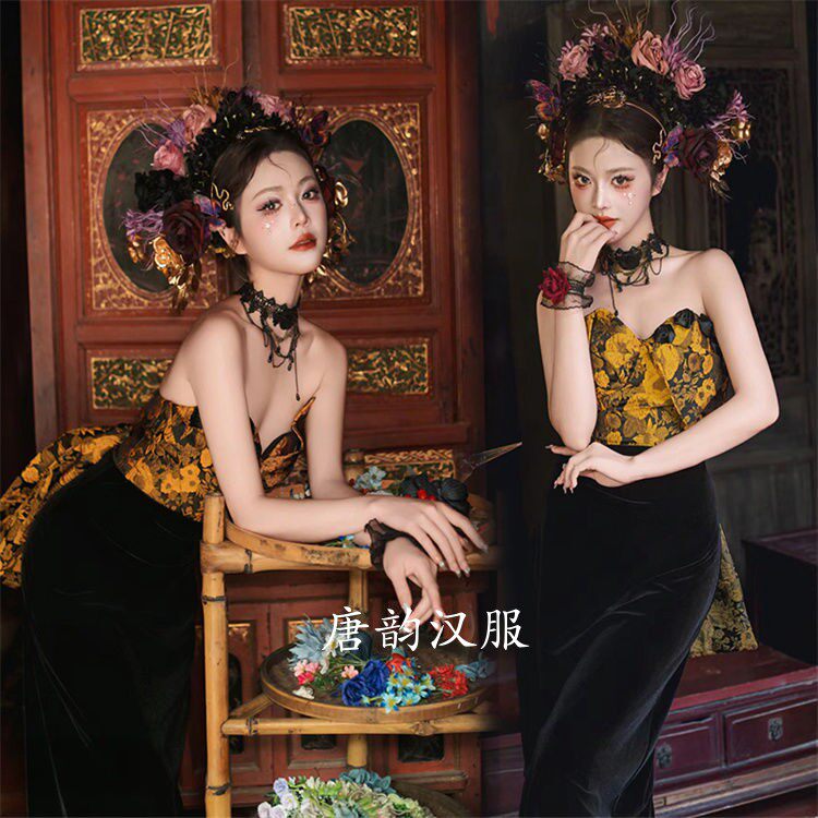 黑暗风簪花中式民族连衣裙服装