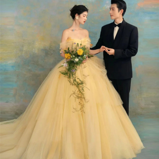 影楼新款 森系甜美黄花朵婚纱礼服 彩纱花仙子外景旅拍主题摄影服装