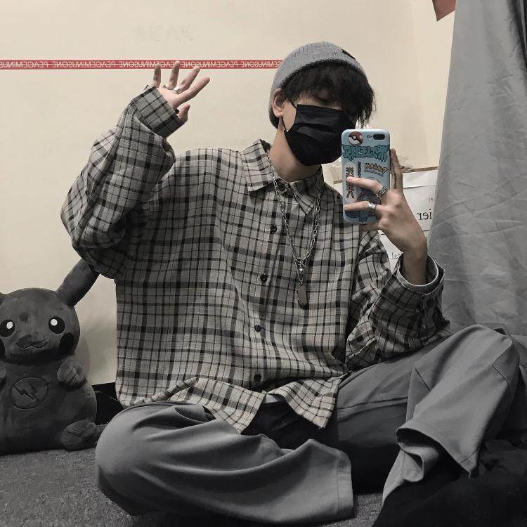 秋季韩版ins复古港味格子衬衣设计感小众上衣宽松长袖衬衫男学生