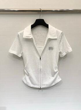少女套头通勤风翻领拉链针织衫女短袖收腰假两件气质上衣白色