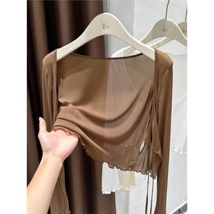 披肩女夏季 修身 防晒开衫 长袖 上衣 配吊带超低v领收腰薄款 网纱短款