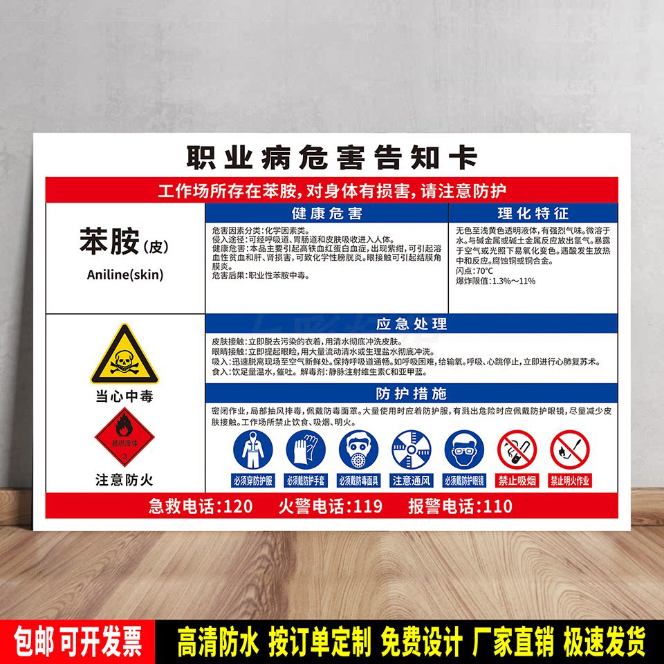 苯胺(皮) 职业病危害告知卡 安全提示 标语贴纸 PVC板警示牌 定制