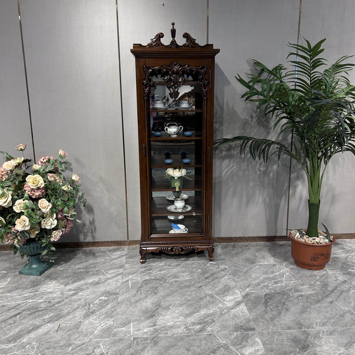 美式实木小酒柜客厅靠墙欧式复古玻璃装饰展示柜置物架家用餐边柜