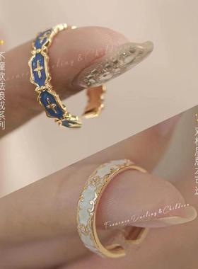 花纹孔雀绿气质珐琅戒指锆石小众