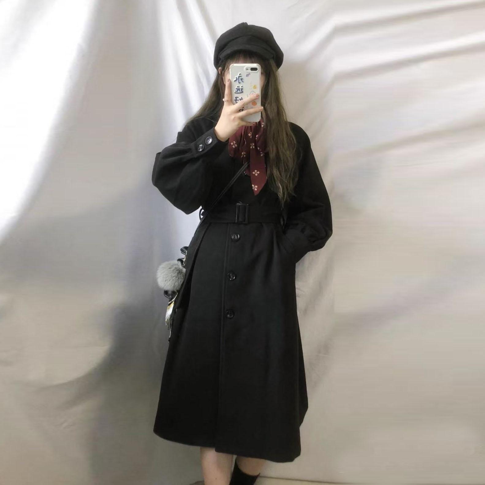 2025秋冬季新款高级感收腰赫本风大衣女小个子中长款黑色毛呢外套