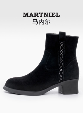 马内尔2025冬季靴子粗跟短靴女加绒配大衣的靴子新款高跟靴西部靴
