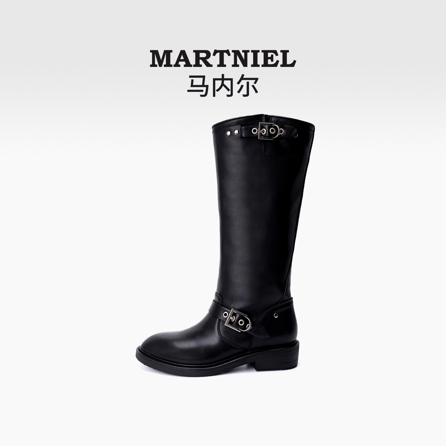 马内尔黑色皮带扣骑士靴女真皮长筒机车靴秋冬百搭高筒靴粗跟靴子