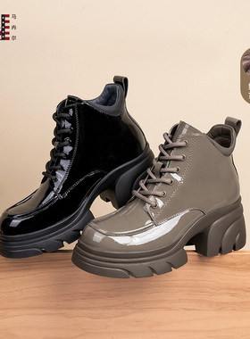 马内尔2024冬季新款摩科漆面厚底系带短靴加绒爆款马丁靴G49062