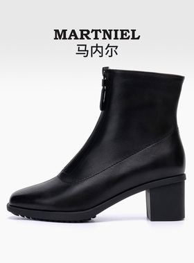 马内尔高跟短靴2025冬季新款英伦风皮绒可选真皮粗跟女靴G39331